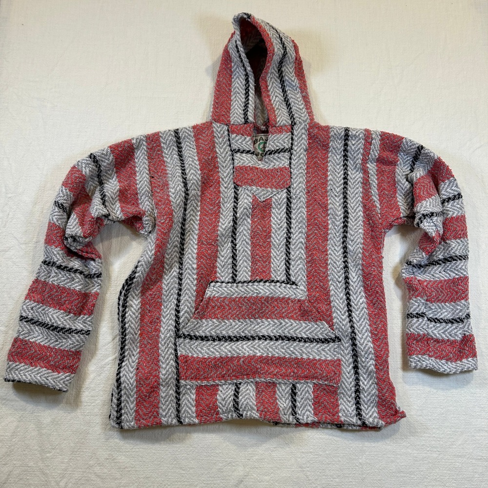 Baja Joe Striped Drug Rug Hoodie Red Grey Black Woven Pullover Mens Medium